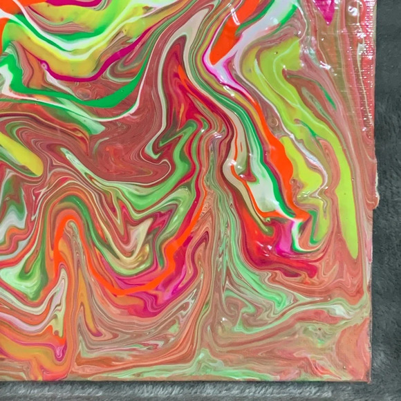 Original Paint Pour with neon pink, coral, green, yellow, & white on 8x8 canvas - Picture 6 of 7